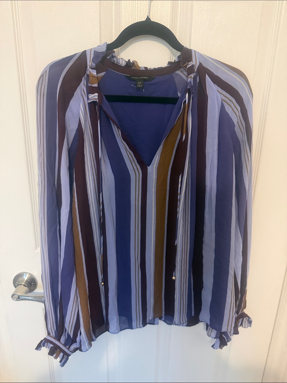 Banana Republic Striped V-Neck Blouse - Purple, Brown, Navy, Cream